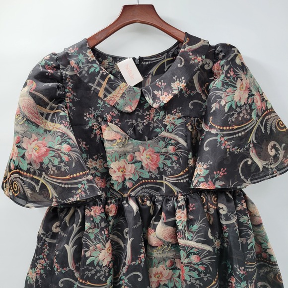 Selkie Lala Land Night in Paris Puff Dress 1X Black Floral Layered Mini Pheasant - Picture 16 of 16